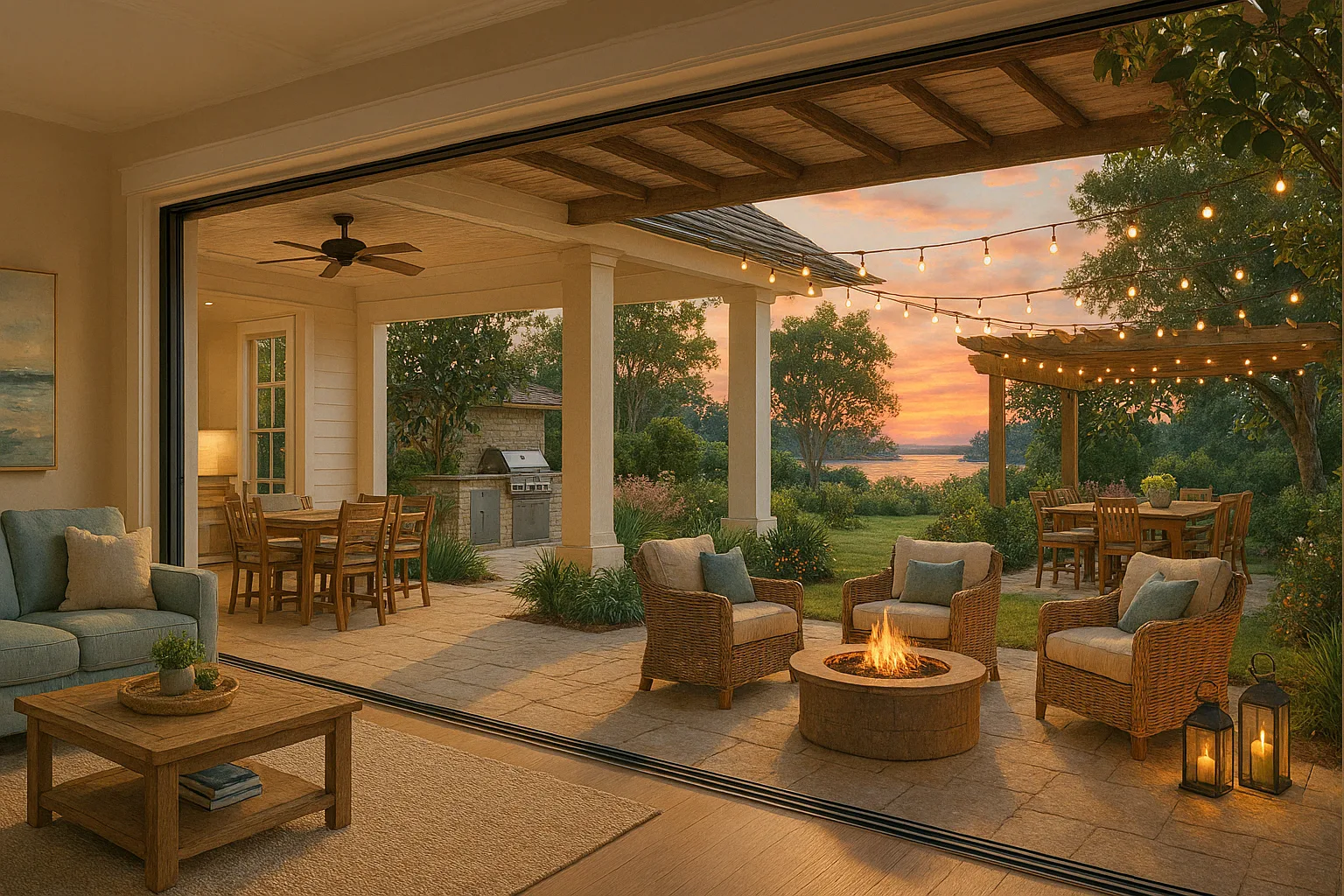 Modern Mississippi open concept porch and wall opening to the living room.