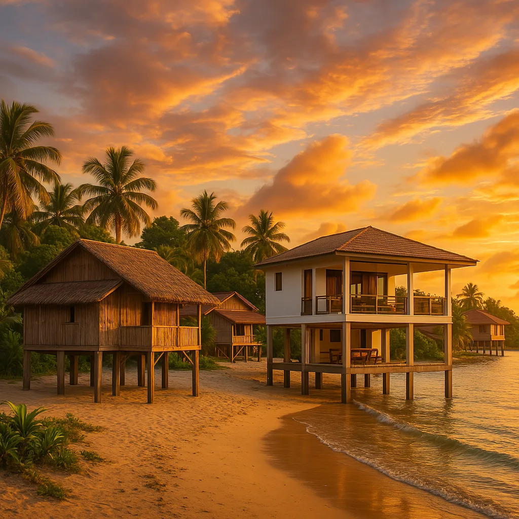 traditional stilt house next to modern design coastal stilt house