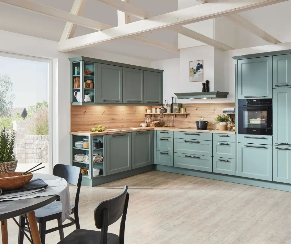 modern kitchen design with cooling colors, and warm wood backsplash