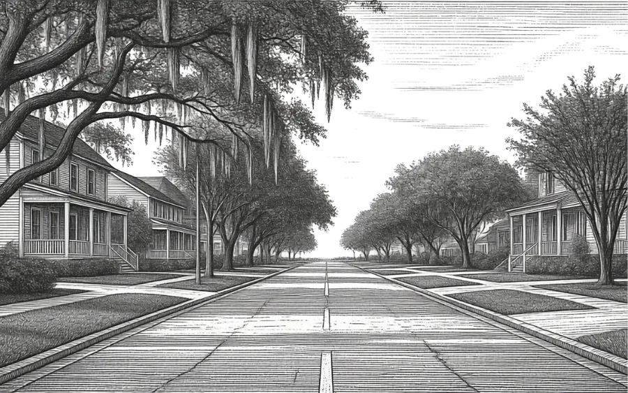 Etching of street in coastal Pass Christian