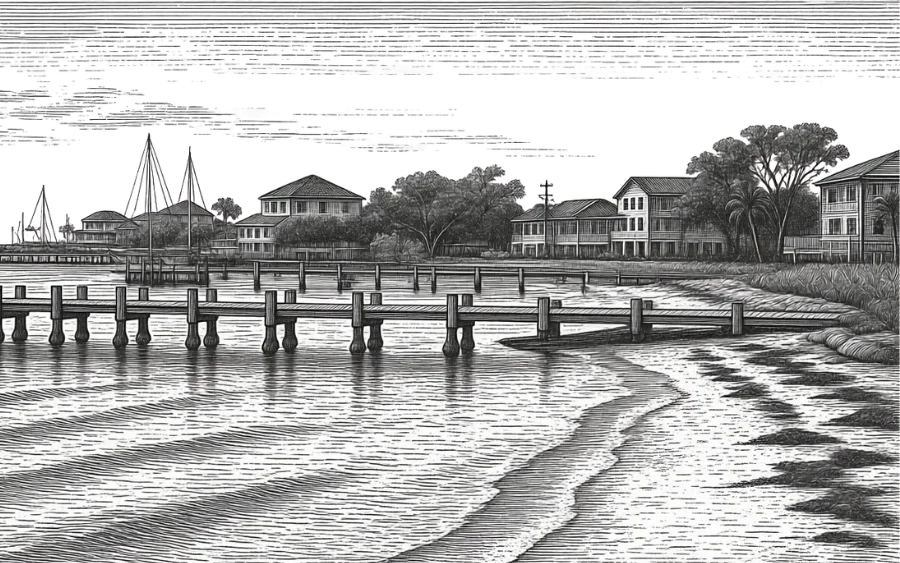 Etching of waterfront homes in Bay St. Louis
