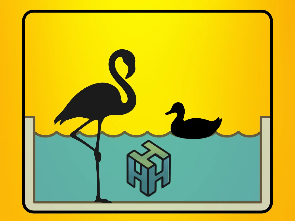 On the Coast, the water sets the floor plan Black silhouettes of a flamingo and a duck against a bright yellow sunset over coastal water