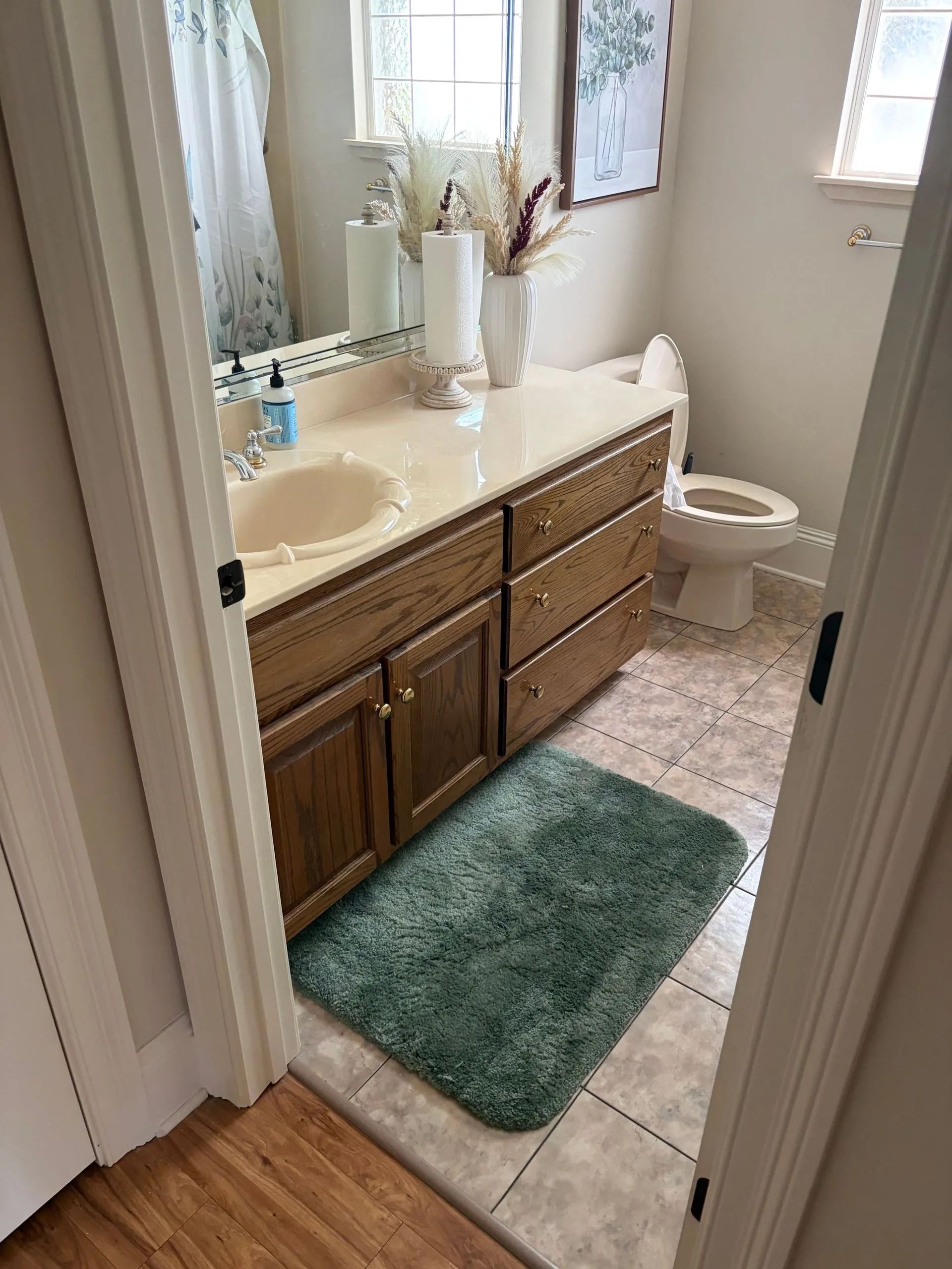 Natural oak bathroom vanity before repainting by 3H Construction